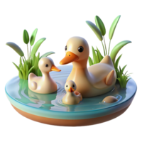 elegant traditional A family of ducks swimming in a calm pond, illuminated by the soft light of a summer afternoon, in a peaceful, illustrative style premium png