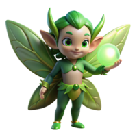 vibrant vintage A mischievous forest sprite with emerald skin, butterfly wings, and pointed ears, holding a glowing orb, dappled sunlight, whimsical illustration style high resolution png