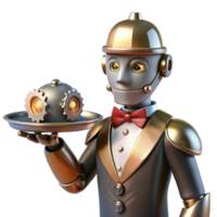 beautiful minimalist A steampunk robot butler holding a silver tray with cogs and gears visible beneath its polished metal exterior, lit by warm candlelight, in a cartoon style professional png