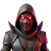 stunning modern A shadowy assassin with glowing red eyes and twin daggers, dark and mysterious lighting, fantasy character art style high resolution png