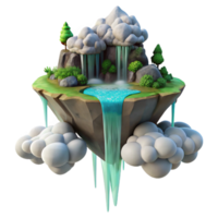 wonderful vintage A floating island with waterfalls cascading down its sides, surrounded by clouds, ethereal lighting, fantasy landscape style authentic png