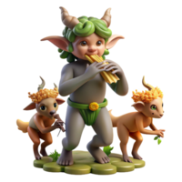 dramatic contemporary A mischievous satyr, playing a pan flute, surrounded by dancing nymphs, lit by dappled forest sunlight, in a Rococo style high resolution png