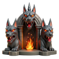 magnificent abstract A mysterious, cloaked Cerberus with three snarling heads and glowing red eyes, guarding the gates of the underworld, lit by flickering infernal flames. Gothic style premium png