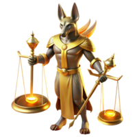 stunning abstract A powerful, winged Anubis with the head of a jackal and a regal staff, standing before a set of towering golden scales, lit by an ethereal golden light. Egyptian style genuine png