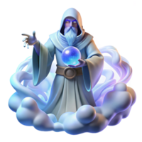 serene contemporary A wise, ancient oracle with flowing white robes and a crystal ball, surrounded by swirling mists, lit by an ethereal blue light. Fantasy style high quality png