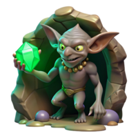impressive artistic A cunning goblin with sharp claws and glowing green eyes, sneaking through a dark cave, clutching a stolen jewel. Dark fantasy, gritty style exclusive png
