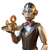 vibrant artistic A steampunk robot butler holding a silver tray with cogs and gears visible beneath its polished metal exterior, lit by warm candlelight, in a cartoon style high quality png