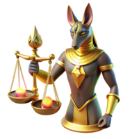 extraordinary abstract A benevolent Anubis with a jackal head and ornate golden jewelry, weighing a human heart on a scale, illuminated by soft, otherworldly light in an ancient Egyptian art style 4K png