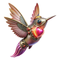 vibrant vintage A steampunk hummingbird with delicate clockwork wings and a glowing ruby heart, lit by a soft, romantic pink light, in a fantasy art style professional png