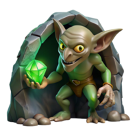 impressive modern A cunning goblin with sharp claws and glowing green eyes, sneaking through a dark cave, clutching a stolen jewel. Dark fantasy, gritty style high quality png