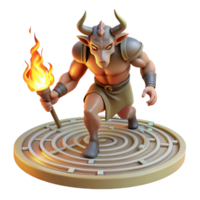stunning modern A fearsome minotaur with the head of a bull and the body of a man, charging through a labyrinth, illuminated by flickering torches. Greek mythology style detailed png