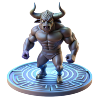 impressive traditional A powerful minotaur, muscles rippling, standing in a dimly lit labyrinth, a single shaft of light illuminating its face, in a dramatic, chiaroscuro style high resolution png