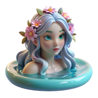 wonderful rustic A beautiful, enchanting nymph with flowing hair adorned with flowers, bathing in a crystal-clear pool, lit by dappled sunlight. Impressionist style professional png