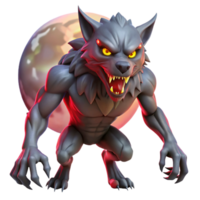 extraordinary creative A fierce werewolf with glowing red eyes and sharp claws, transforms under the light of the full moon. Dramatic, moonlight lighting. Horror fantasy art style high quality png