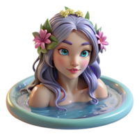 extraordinary rustic A beautiful, enchanting nymph with flowing hair adorned with flowers, bathing in a crystal-clear pool, lit by dappled sunlight. Impressionist style 4K png