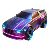 stunning abstract A futuristic vehicle with glowing neon accents, speeding through a digital landscape, illuminated by headlights, in a cyberpunk style high quality png