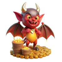 elegant abstract A mischievous imp with fiery red skin and bat-like wings, perched on a pile of gold coins, illuminated by candlelight. Cartoon style exclusive png