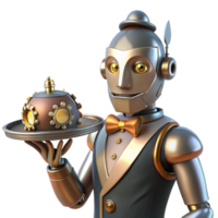 impressive vintage A steampunk robot butler holding a silver tray with cogs and gears visible beneath its polished metal exterior, lit by warm candlelight, in a cartoon style high resolution png