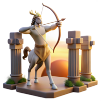magnificent abstract A wise centaur, aiming a bow and arrow, surrounded by ancient ruins, lit by the setting sun, in a classical style detailed png