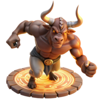wonderful modern A powerful Minotaur with bronze horns and rippling muscles, charging through a crumbling labyrinth, illuminated by flickering torchlight in a baroque painting style high resolution png