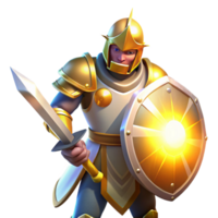 beautiful traditional A stoic knight in shining armor, wielding a sword and shield, illuminated by the bright sunlight of a battlefield. Medieval painting style high quality png