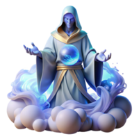 magnificent creative A wise, ancient oracle with flowing white robes and a crystal ball, surrounded by swirling mists, lit by an ethereal blue light. Fantasy style detailed png