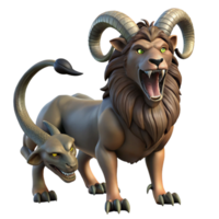 vibrant traditional A menacing chimera with the head of a lion, the body of a goat, and the tail of a serpent, in a dramatic, chiaroscuro lighting style premium png