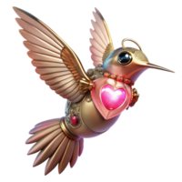 stunning classic A steampunk hummingbird with delicate clockwork wings and a glowing ruby heart, lit by a soft, romantic pink light, in a fantasy art style original png