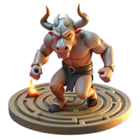 stunning modern A fearsome minotaur with the head of a bull and the body of a man, charging through a labyrinth, illuminated by flickering torches. Greek mythology style genuine png