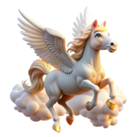 serene modern A graceful pegasus with feathered wings and flowing white mane, soaring through the clouds, illuminated by the warm sunlight. Classical mythology style authentic png