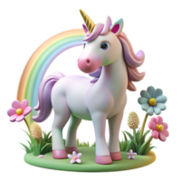 extraordinary rustic A serene unicorn with a pearlescent horn, grazing in a field of wildflowers, under a rainbow. Pastel art style premium png