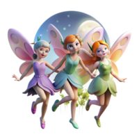 stunning minimalist A group of playful fairies with butterfly wings and flower crowns, dancing in a moonlit meadow, illuminated by the soft glow of the moon. Impressionist style authentic png
