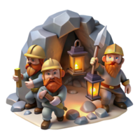 serene rustic A group of dwarves mining for gems in a dimly lit cavern, their lanterns casting flickering shadows, in a realistic, gritty style high resolution png