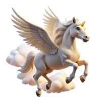 serene abstract A graceful pegasus with feathered wings and flowing white mane, soaring through the clouds, illuminated by the warm sunlight. Classical mythology style high resolution png