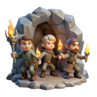 impressive classic A group of adventurous halflings exploring a hidden underground cavern, their faces illuminated by flickering torches. Classic fantasy, painterly style genuine png