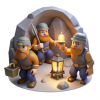stunning traditional A group of dwarves mining for gems in a dimly lit cavern, illuminated by the glow of their lanterns. Realistic style detailed png