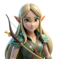 vibrant classic A beautiful elf with pointed ears and long flowing hair, holding a bow and arrow, illuminated by the dappled sunlight of a forest. Anime style authentic png