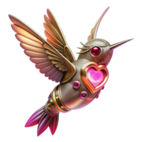 magnificent contemporary A steampunk hummingbird with delicate clockwork wings and a glowing ruby heart, lit by a soft, romantic pink light, in a fantasy art style high resolution png