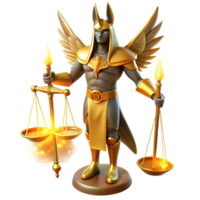 impressive modern A powerful, winged Anubis with the head of a jackal and a regal staff, standing before a set of towering golden scales, lit by an ethereal golden light. Egyptian style original png