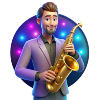 beautiful creative Portrait of a charismatic musician with a saxophone and a soulful expression, lit by the colorful stage lights, in a pop art style premium png