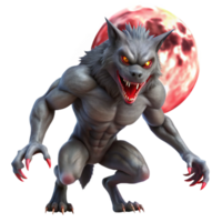 magnificent modern A fearsome werewolf with sharp claws and glowing red eyes, transforming under a full moon, illuminated by moonlight in a horror art style genuine png