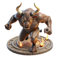 magnificent contemporary A powerful Minotaur with bronze horns and rippling muscles, charging through a crumbling labyrinth, illuminated by flickering torchlight in a baroque painting style original png