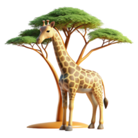 wonderful artistic A graceful giraffe reaching for the leaves of a tall acacia tree, illuminated by the warm African sun, in a naturalistic, illustrative style high quality png