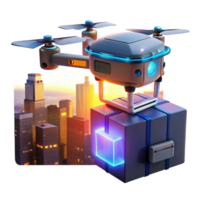 impressive artistic A drone delivering a package with a glowing holographic label, urban setting, dusk lighting exclusive png