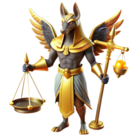 vibrant abstract A powerful, winged Anubis with the head of a jackal and a regal staff, standing before a set of towering golden scales, lit by an ethereal golden light. Egyptian style high quality png