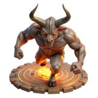 stunning creative A powerful Minotaur with bronze horns and rippling muscles, charging through a crumbling labyrinth, illuminated by flickering torchlight in a baroque painting style professional png