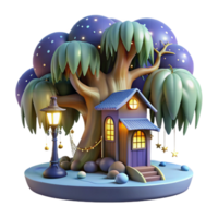 impressive traditional A whimsical treehouse nestled within the branches of a glowing willow tree, adorned with fairy lights, under a starry night sky. Dreamlike style high quality png