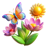 wonderful artistic A group of colorful butterflies fluttering around a blooming flower, illuminated by the bright midday sun, in a vibrant, illustrative style high resolution png