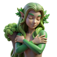 dramatic traditional A serene dryad with bark-like skin and flowing green hair, embracing a towering oak tree, bathed in soft, ethereal light in a pre-Raphaelite style authentic png