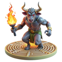impressive creative A fearsome minotaur with the head of a bull and the body of a man, charging through a labyrinth, illuminated by flickering torches. Greek mythology style authentic png